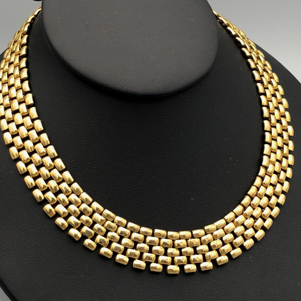 Gold Tone Panther Link Necklace 16 in Chunky 5-Row Metal Weave Bib Collar - Picture 1 of 7